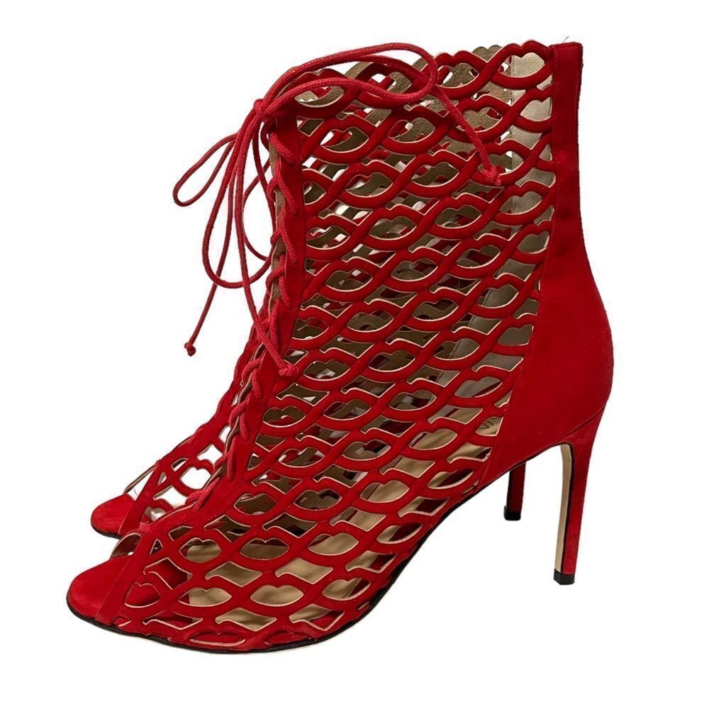 NIB GIANNICO Julia Caged XO Lips Cutout Suede Peeptoe Booties 40 - Picture 4 of 12